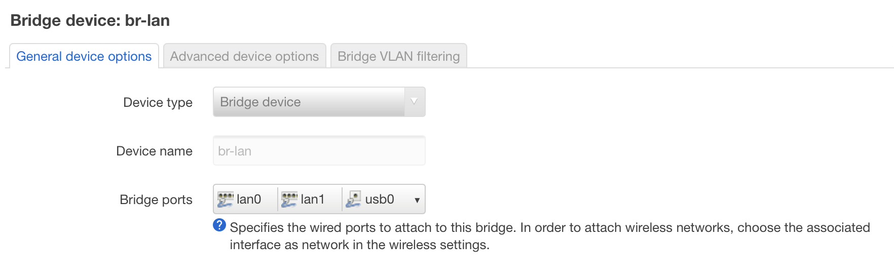 OpenWrt settings showing br-lan with usb0