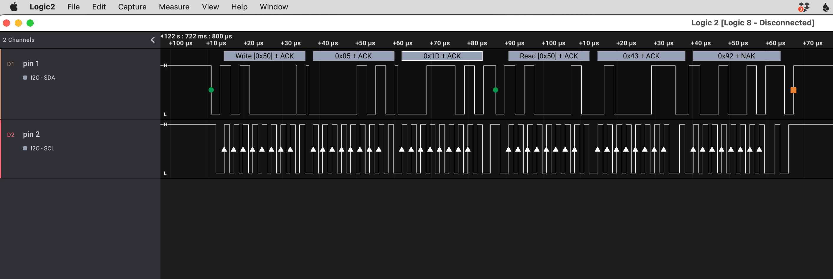 SCW9047 in logic analyzer decoded as i2c, showing reads/writes from address 0x50